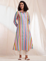 Cotton Stripe A-line Shirt Collar Kurta - Multicolour