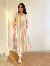 Cotton Stripe A-line Shirt Collar Kurta - Multicolour