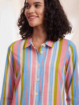 Cotton Stripe A-line Shirt Collar Kurta - Multicolour