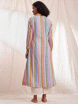 Cotton Stripe A-line Shirt Collar Kurta - Multicolour