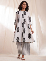 Cotton Ikat A-line Kurta Set - Black & White
