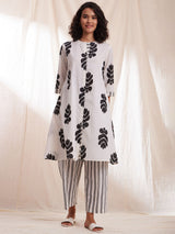 Cotton Ikat A-line Kurta Set - Black & White
