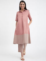 Linen Blend Colour Block Kurta Set - Pink And Beige