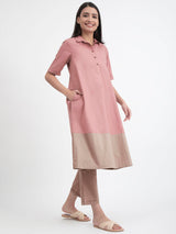 Linen Blend Colour Block Kurta Set - Pink And Beige