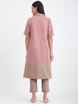 Linen Blend Colour Block Kurta Set - Pink And Beige