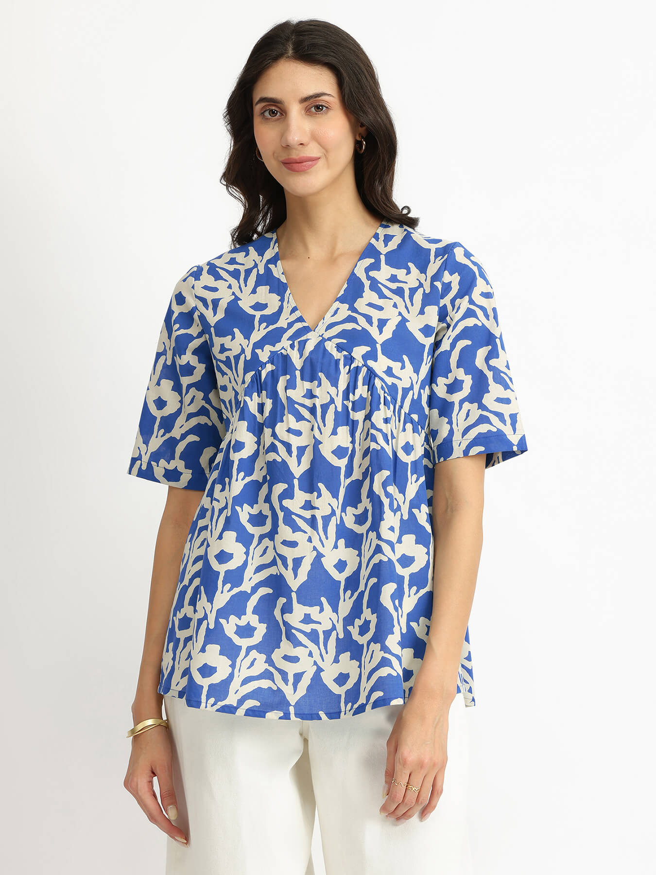 Cotton Floral V-Neck Top - Blue
