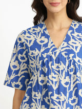 Cotton Floral V-Neck Top - Blue
