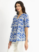 Cotton Floral V-Neck Top - Blue