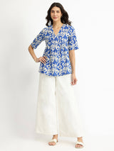 Cotton Floral V-Neck Top - Blue