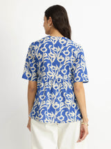 Cotton Floral V-Neck Top - Blue