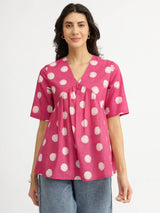 Cotton Dabu Handblock Polka Printed Top - Pink