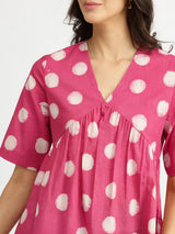 Cotton Dabu Handblock Polka Printed Top - Pink