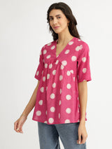 Cotton Dabu Handblock Polka Printed Top - Pink