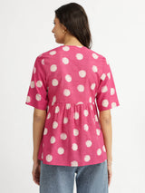Cotton Dabu Handblock Polka Printed Top - Pink