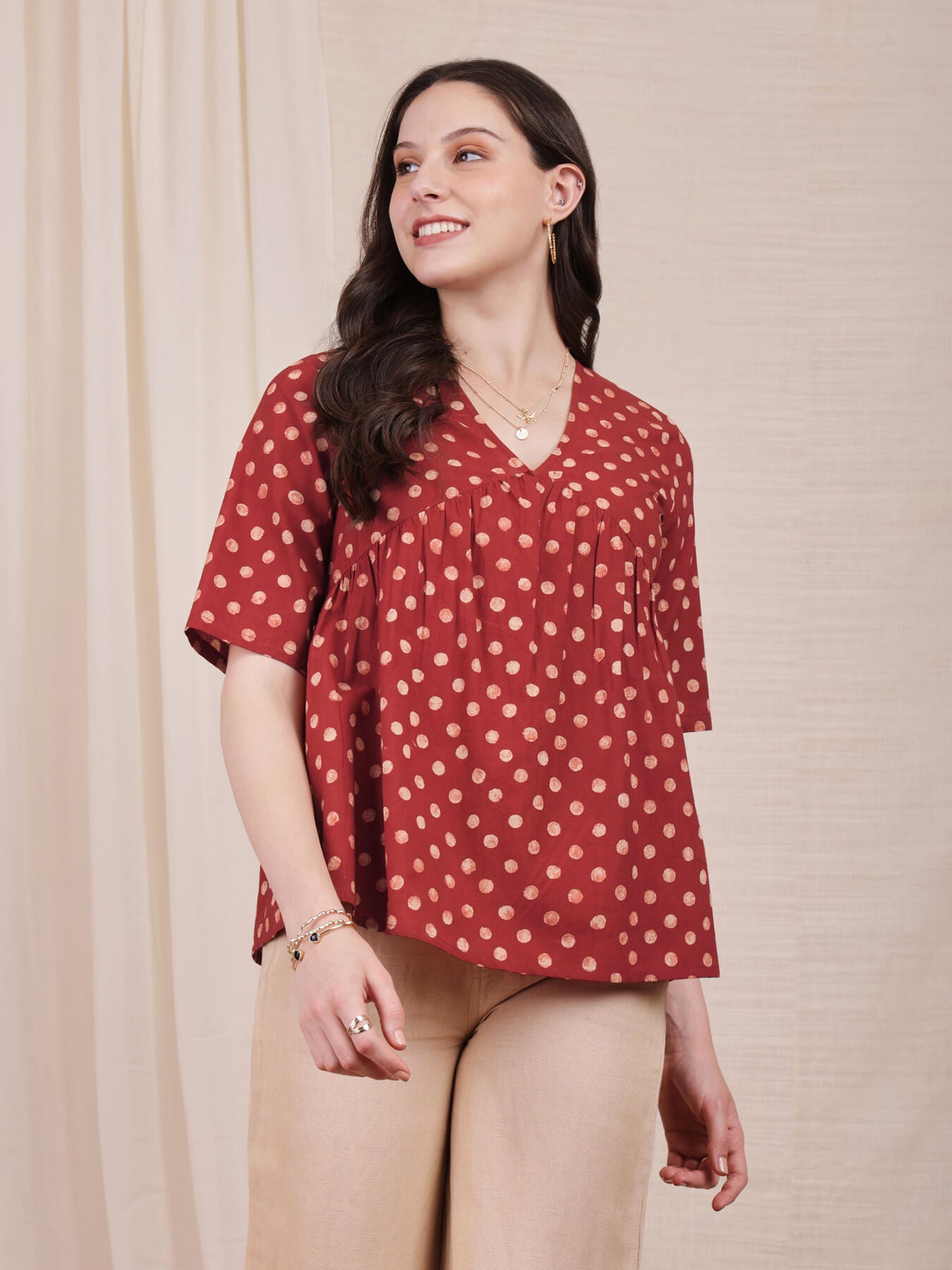 Cotton Ajrakh Polka Print Top - Red