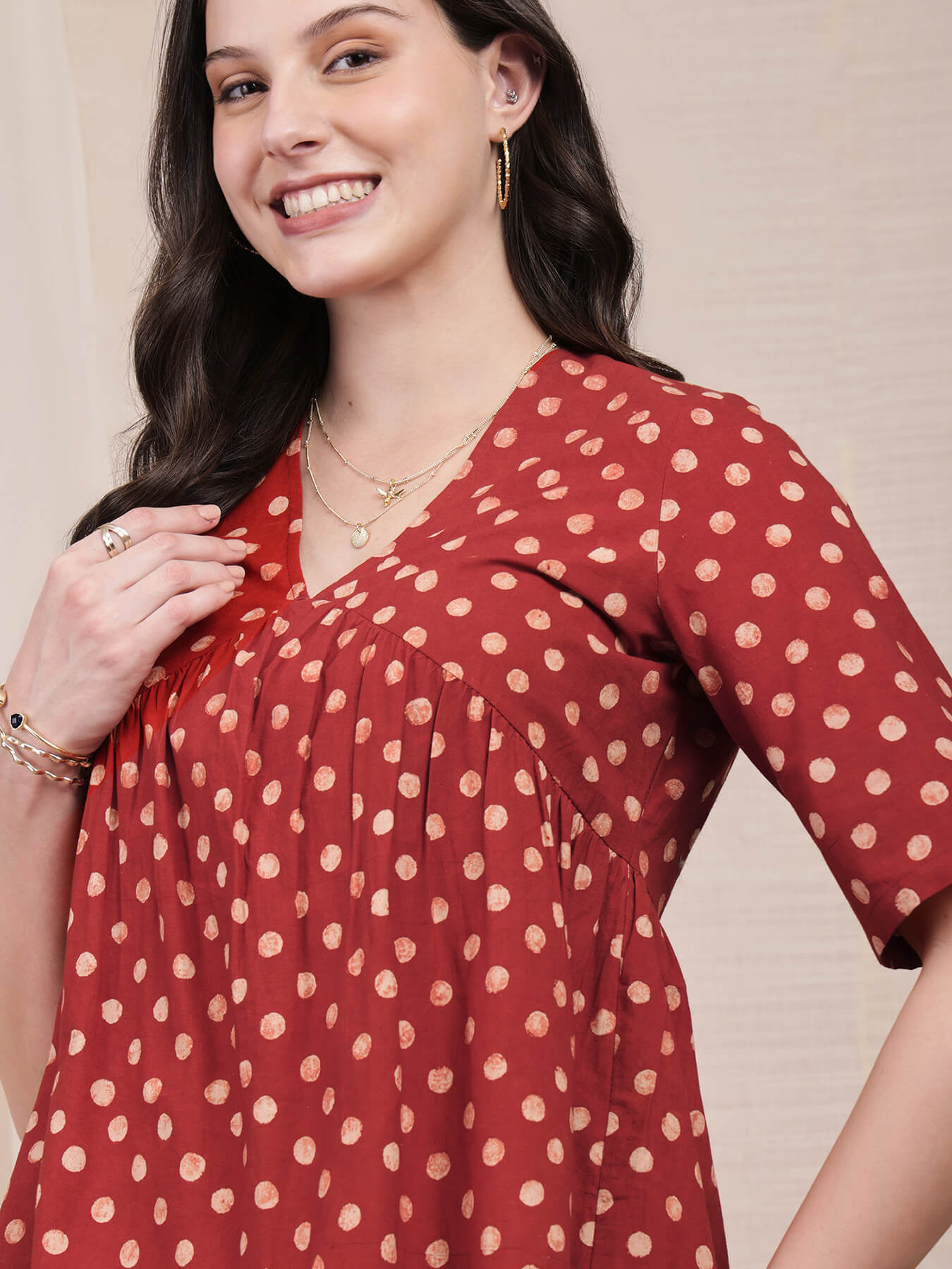 Cotton Ajrakh Polka Print Top - Red