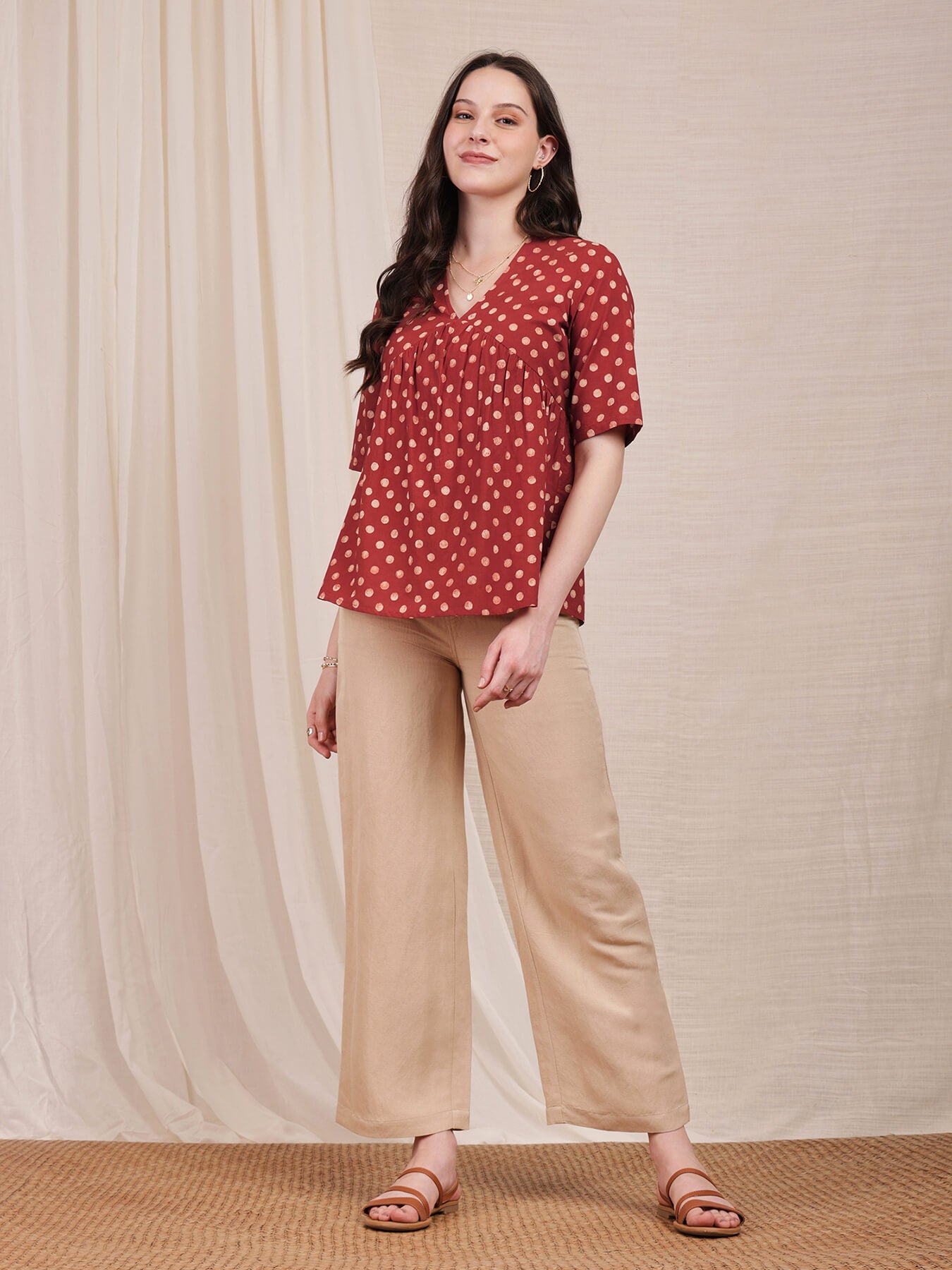 Cotton Ajrakh Polka Print Top - Red