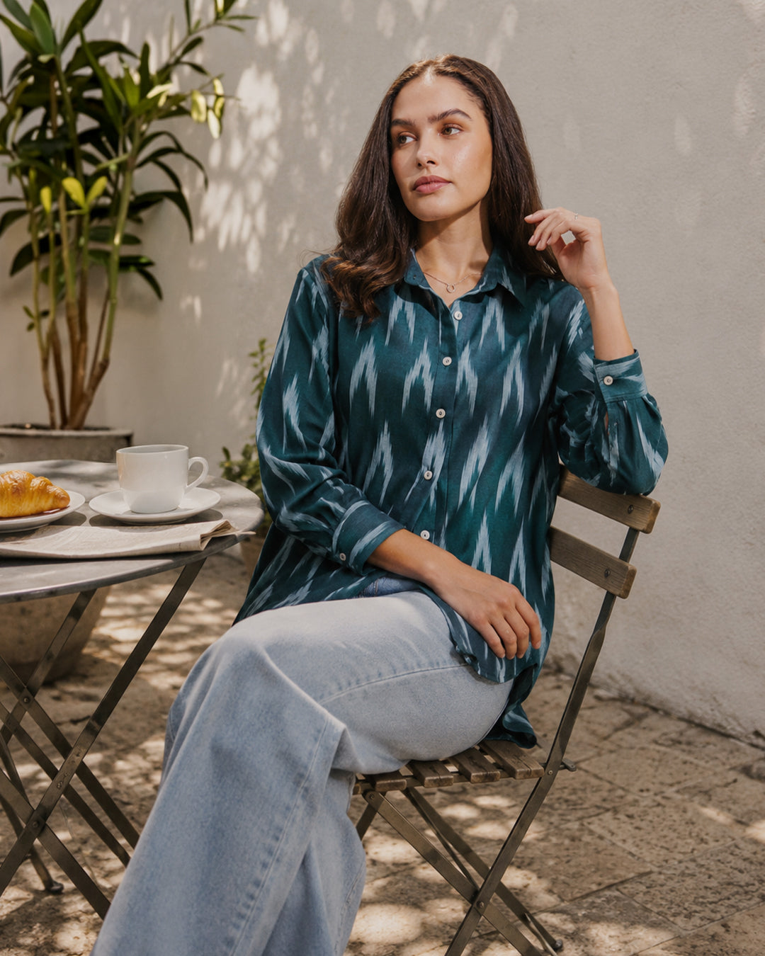 Cotton Ikat Full Sleeves Shirt - Green