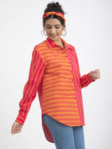 Cotton Poplin Shirt Collar Top - Pink & Orange
