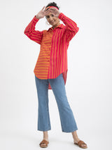 Cotton Poplin Shirt Collar Top - Pink & Orange