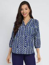 Cotton Dabu Chevron Print Top - Indigo