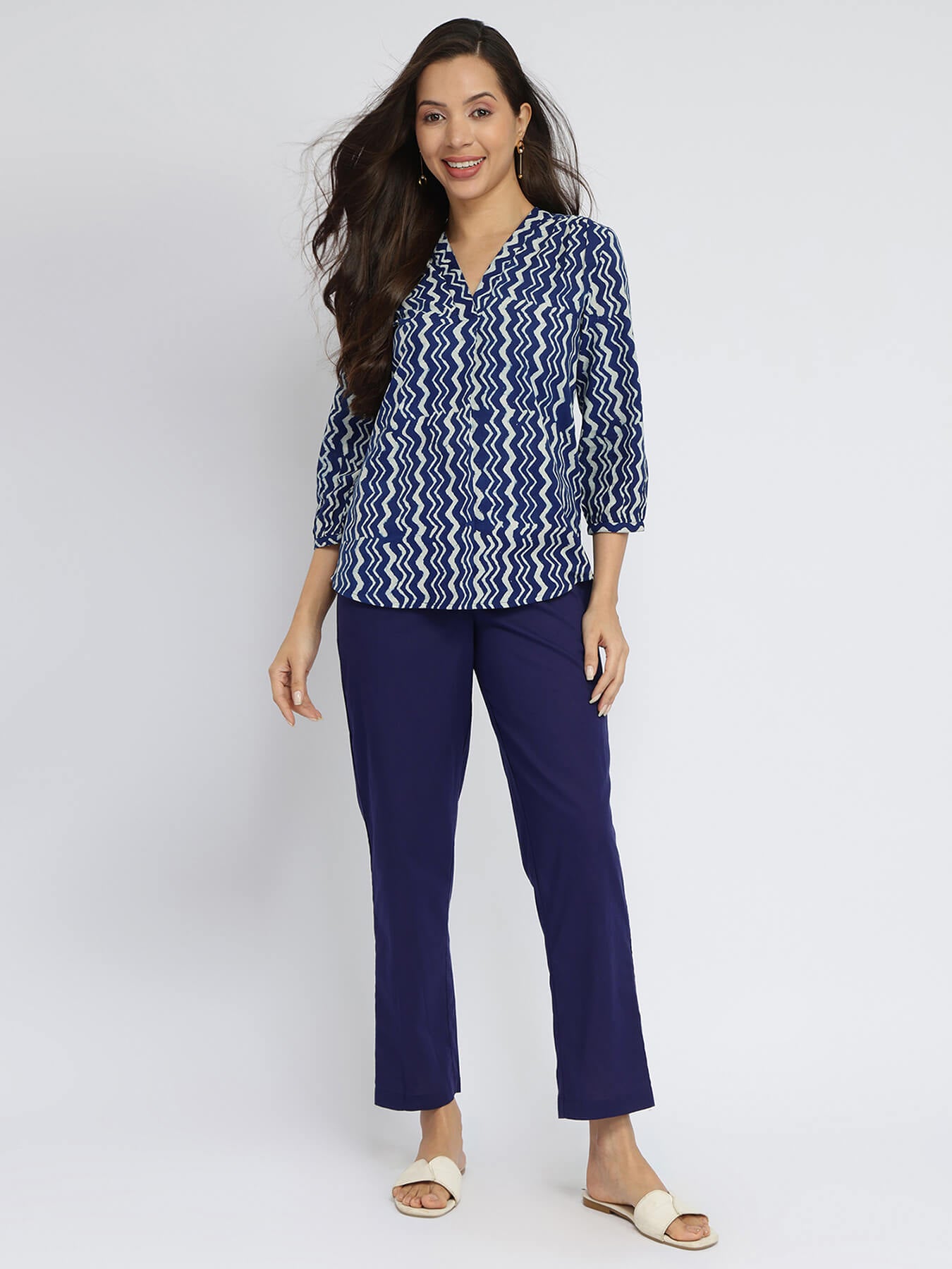 Cotton Dabu Chevron Print Top - Indigo