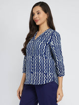 Cotton Dabu Chevron Print Top - Indigo