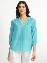 Cotton Jacquard V-Neck Top - Blue