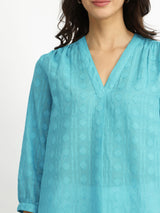 Cotton Jacquard V-Neck Top - Blue
