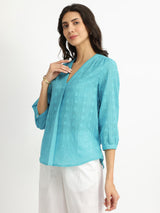Cotton Jacquard V-Neck Top - Blue