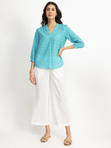 Cotton Jacquard V-Neck Top - Blue