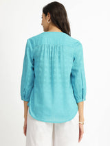 Cotton Jacquard V-Neck Top - Blue