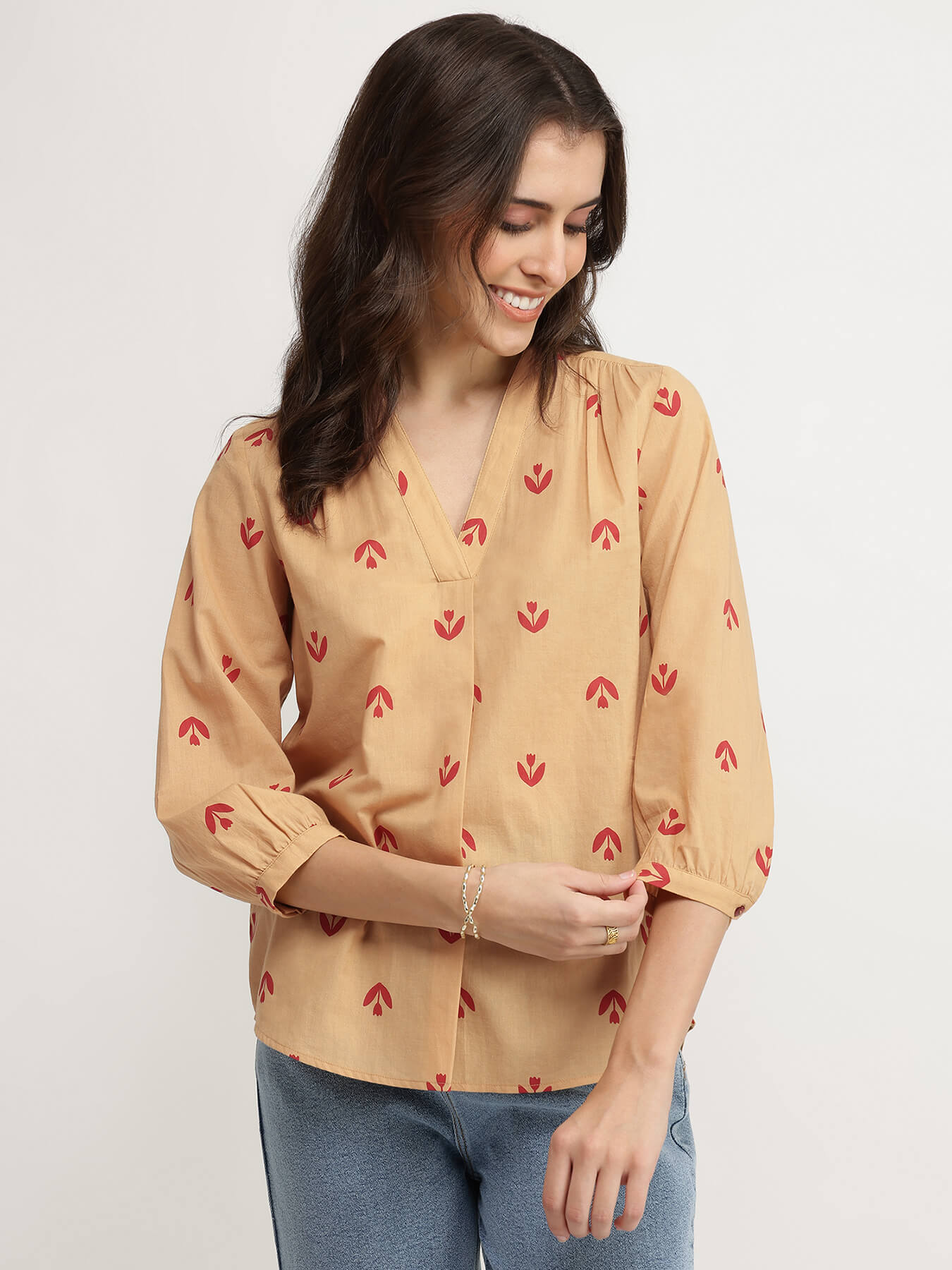 Cotton Floral V-Neck Top - Beige & Red