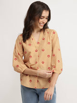 Cotton Floral V-Neck Top - Beige & Red