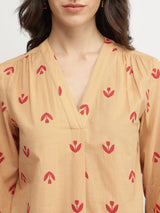Cotton Floral V-Neck Top - Beige & Red