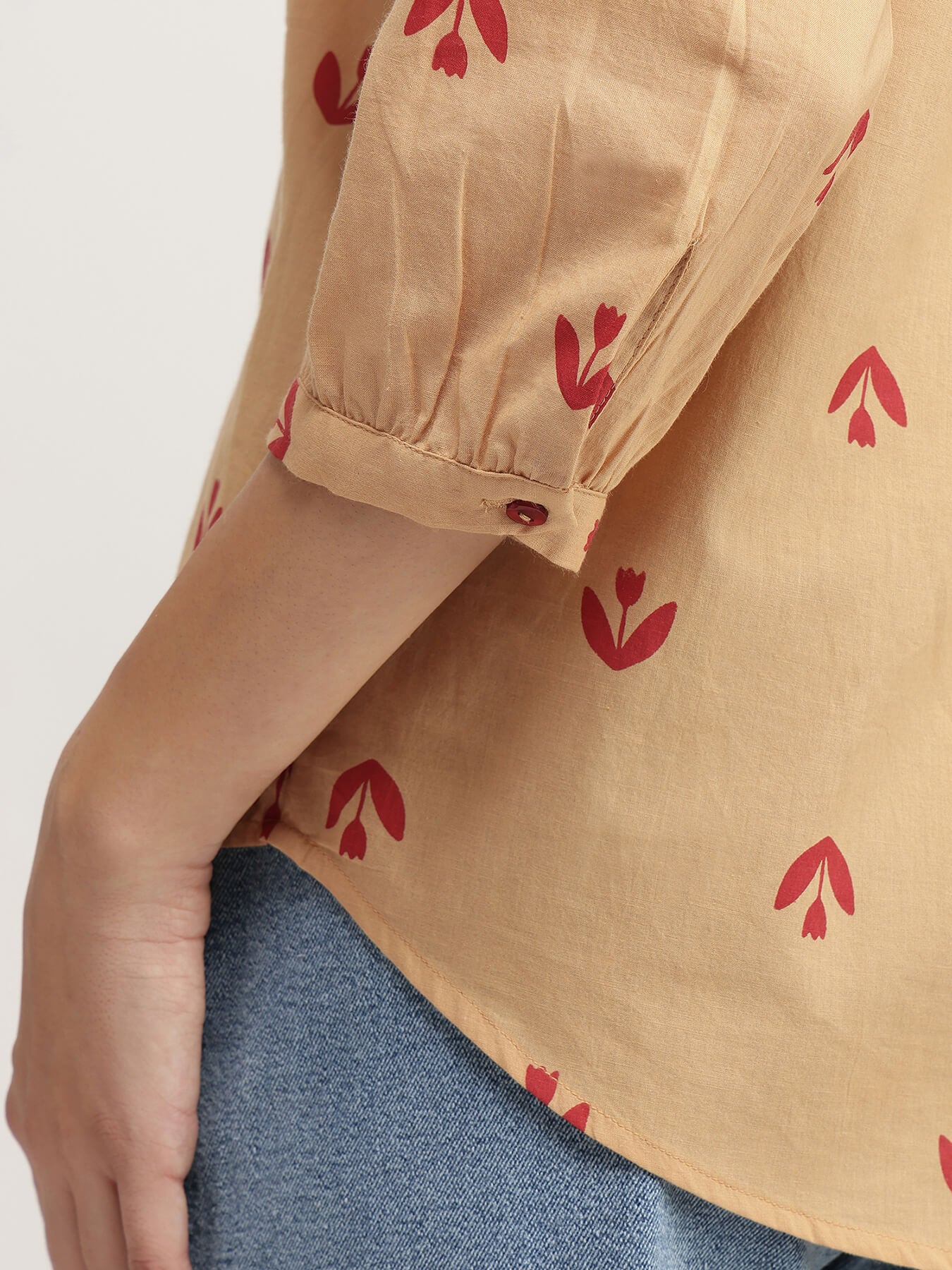 Cotton Floral V-Neck Top - Beige & Red