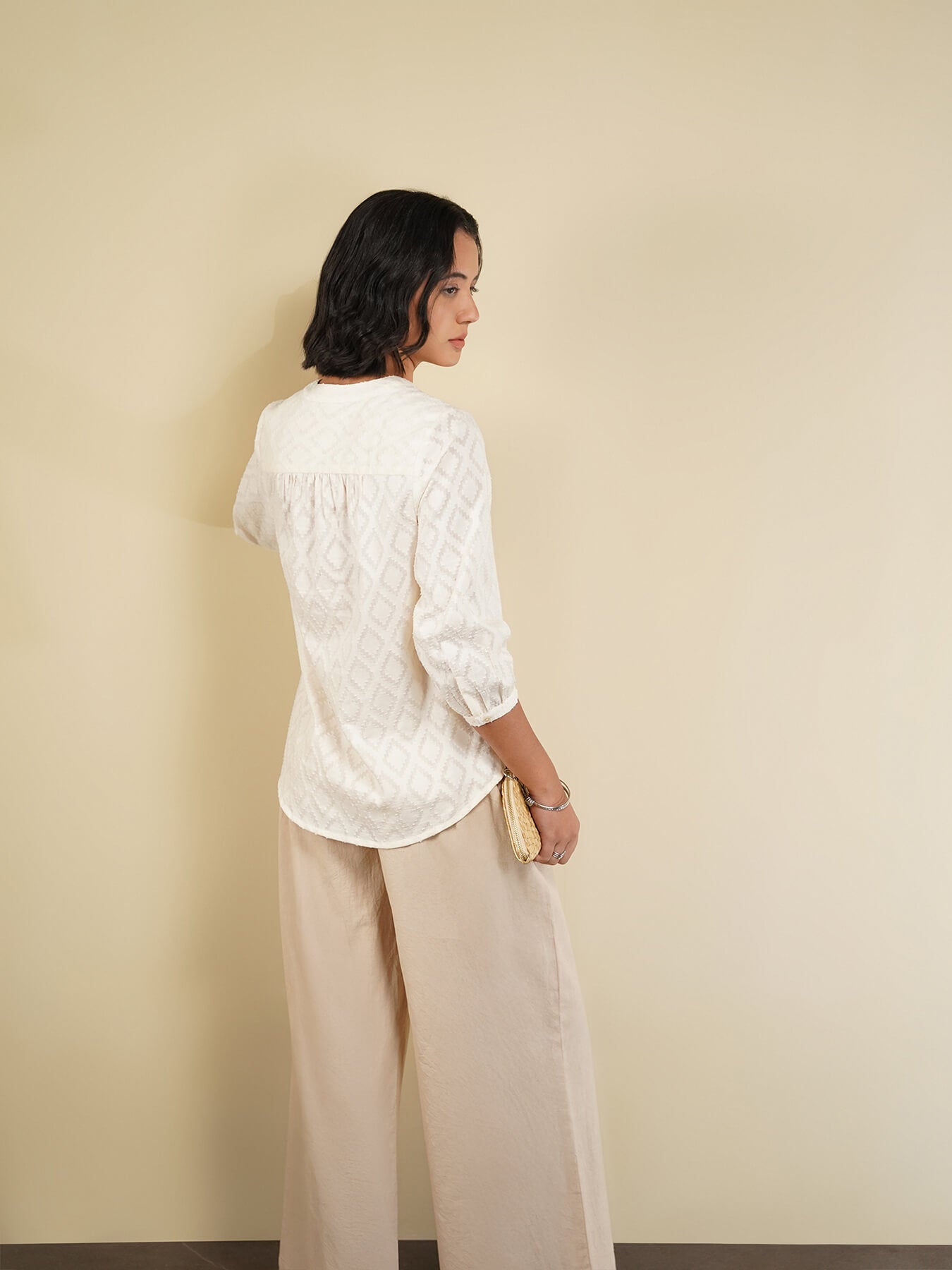 Cotton Jacquard Pleated Top - White
