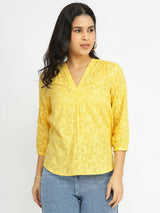 Cotton Jacquard V-Neck Top - Yellow