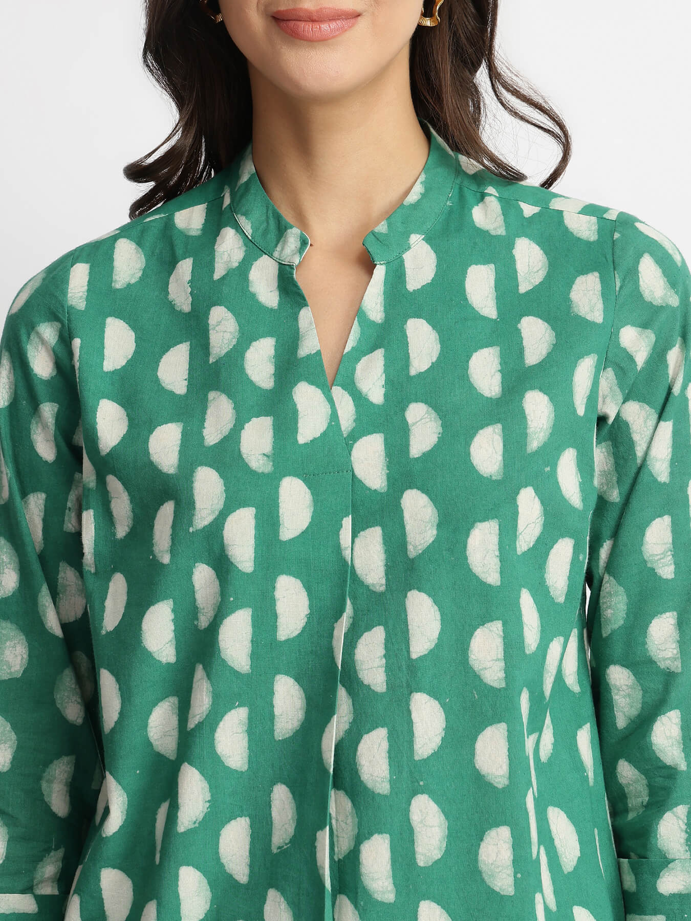Cotton Dabu Handblock Moon Polka Top - Green