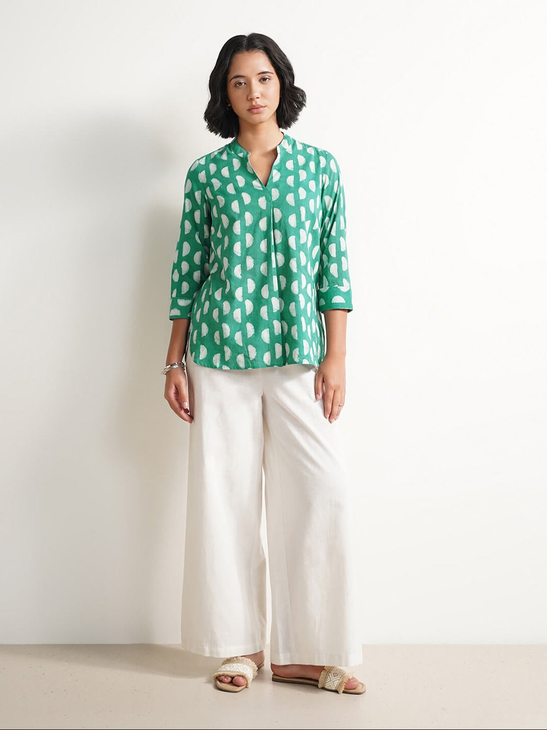 Cotton Dabu Handblock Moon Polka Top - Green
