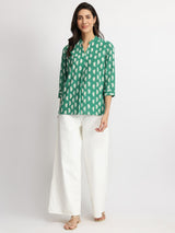 Cotton Dabu Handblock Moon Polka Top - Green