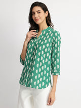 Cotton Dabu Handblock Moon Polka Top - Green