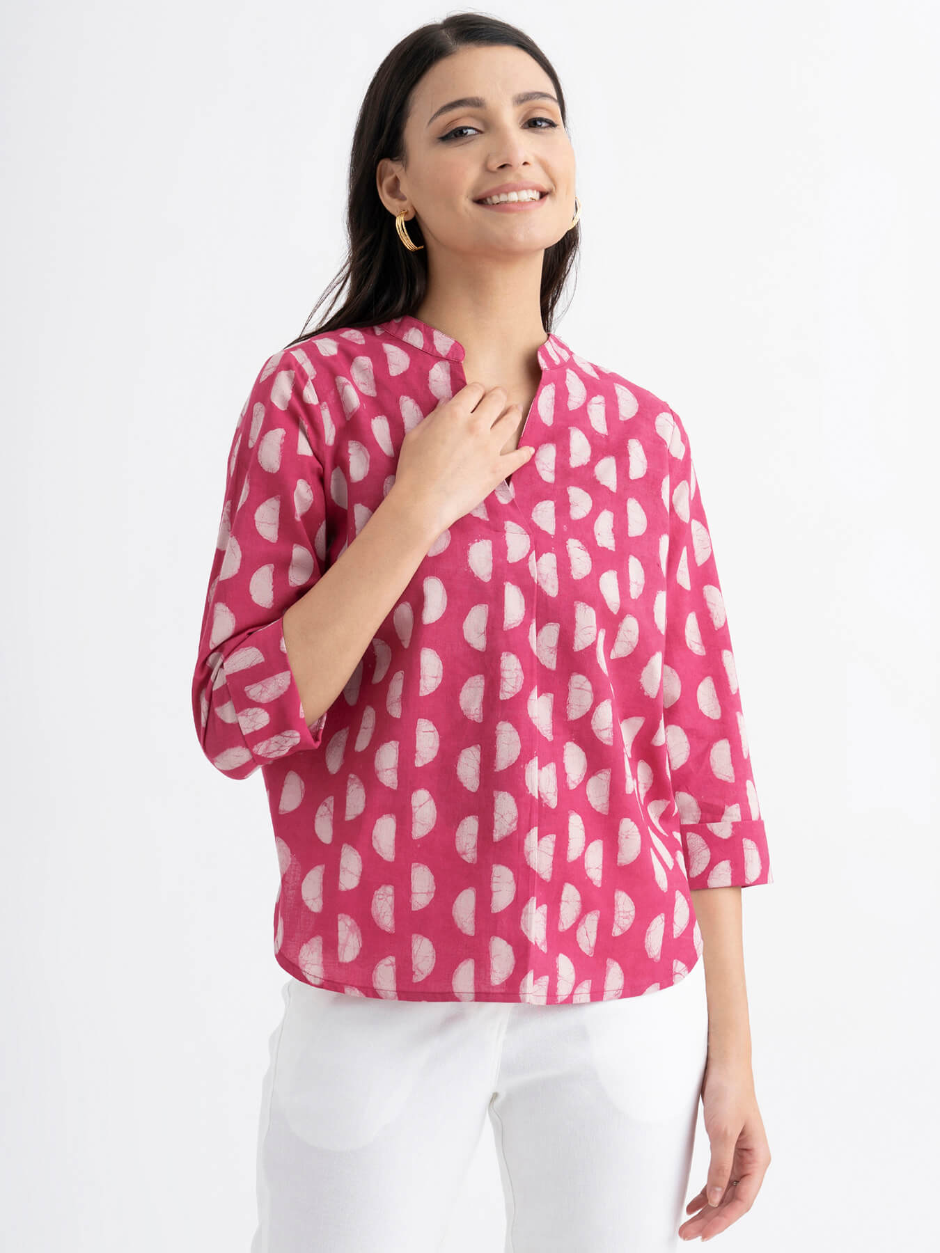 Cotton Dabu Handblock Polka Printed Shirt - Pink