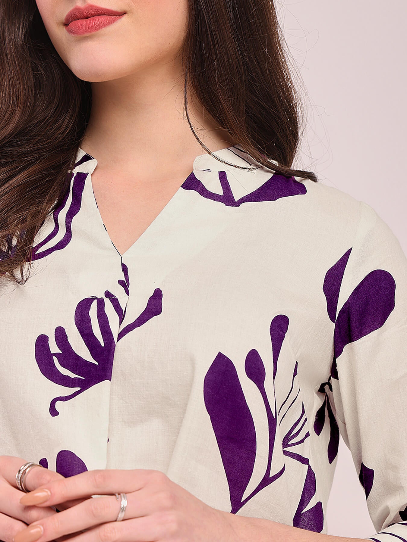 Cotton Floral Print Top - Off-White and Purple