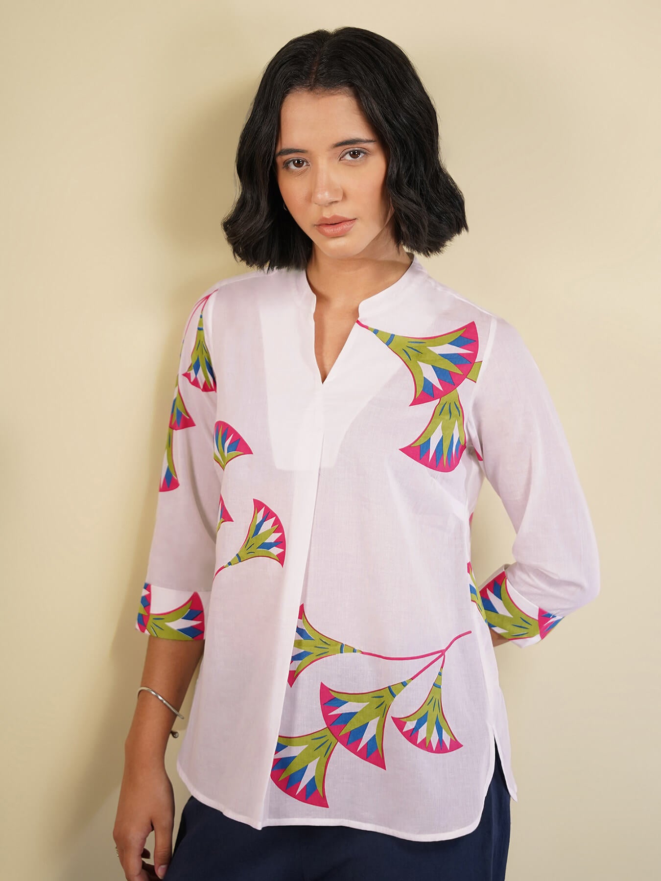 Cotton Floral Shirt Style Top - White
