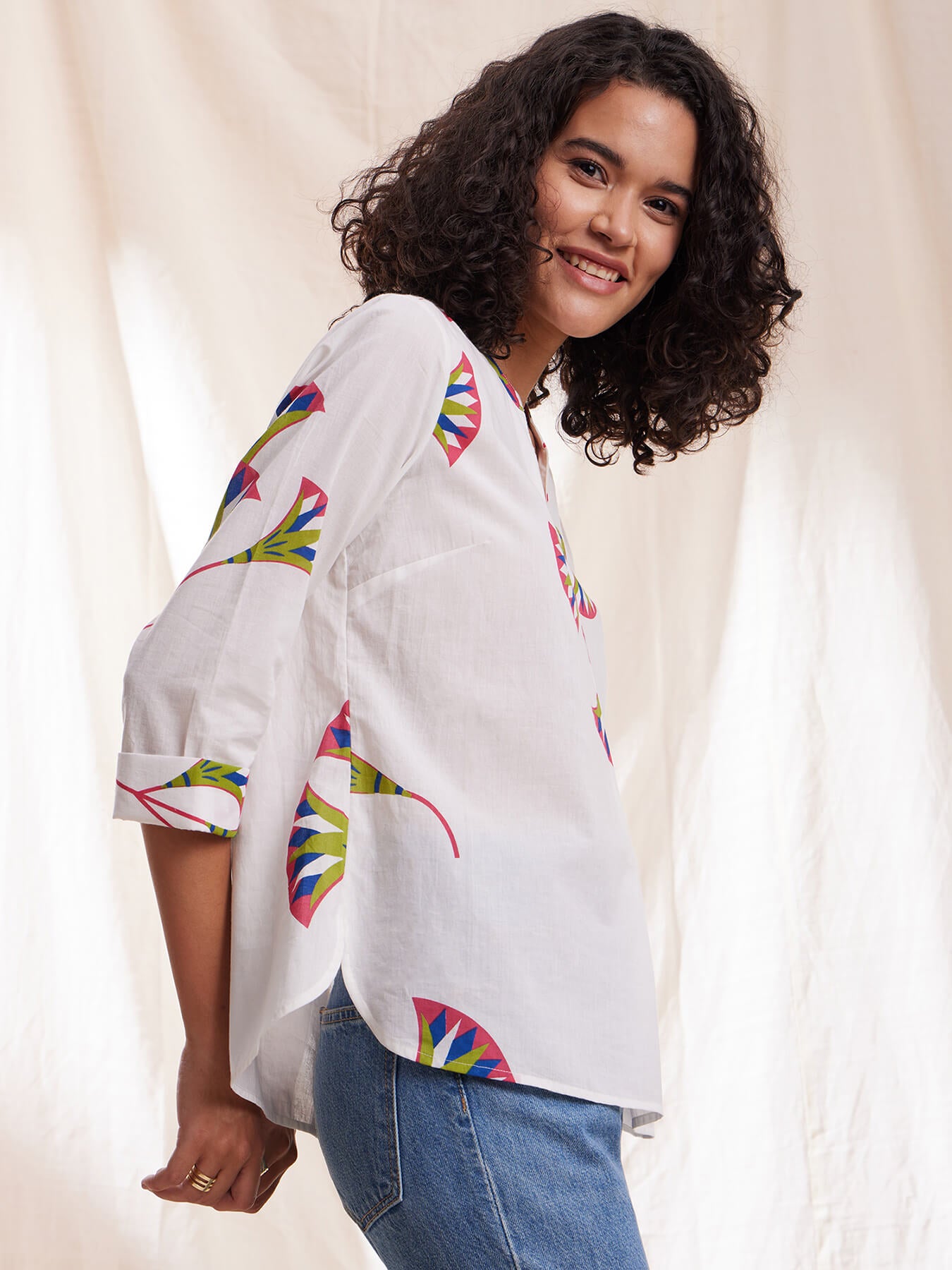 Cotton Floral Shirt Style Top - White