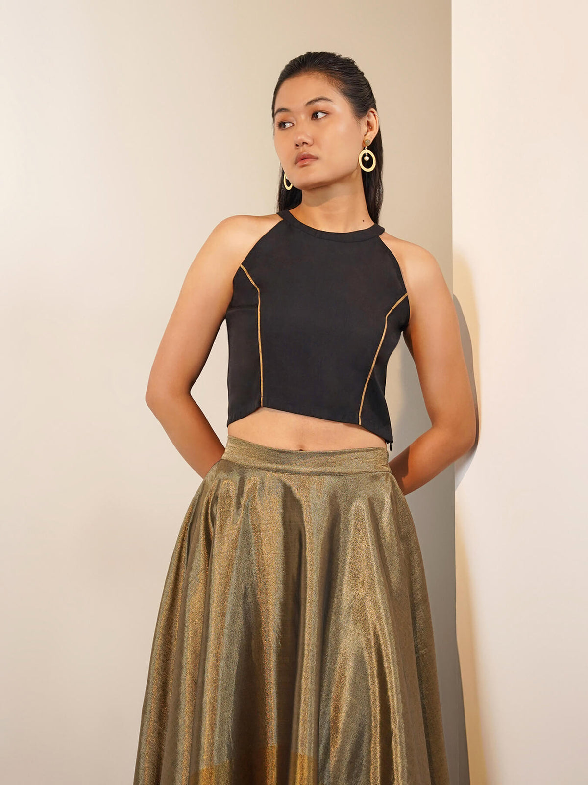 Viscose Silk Halter Neck Blouse - Black