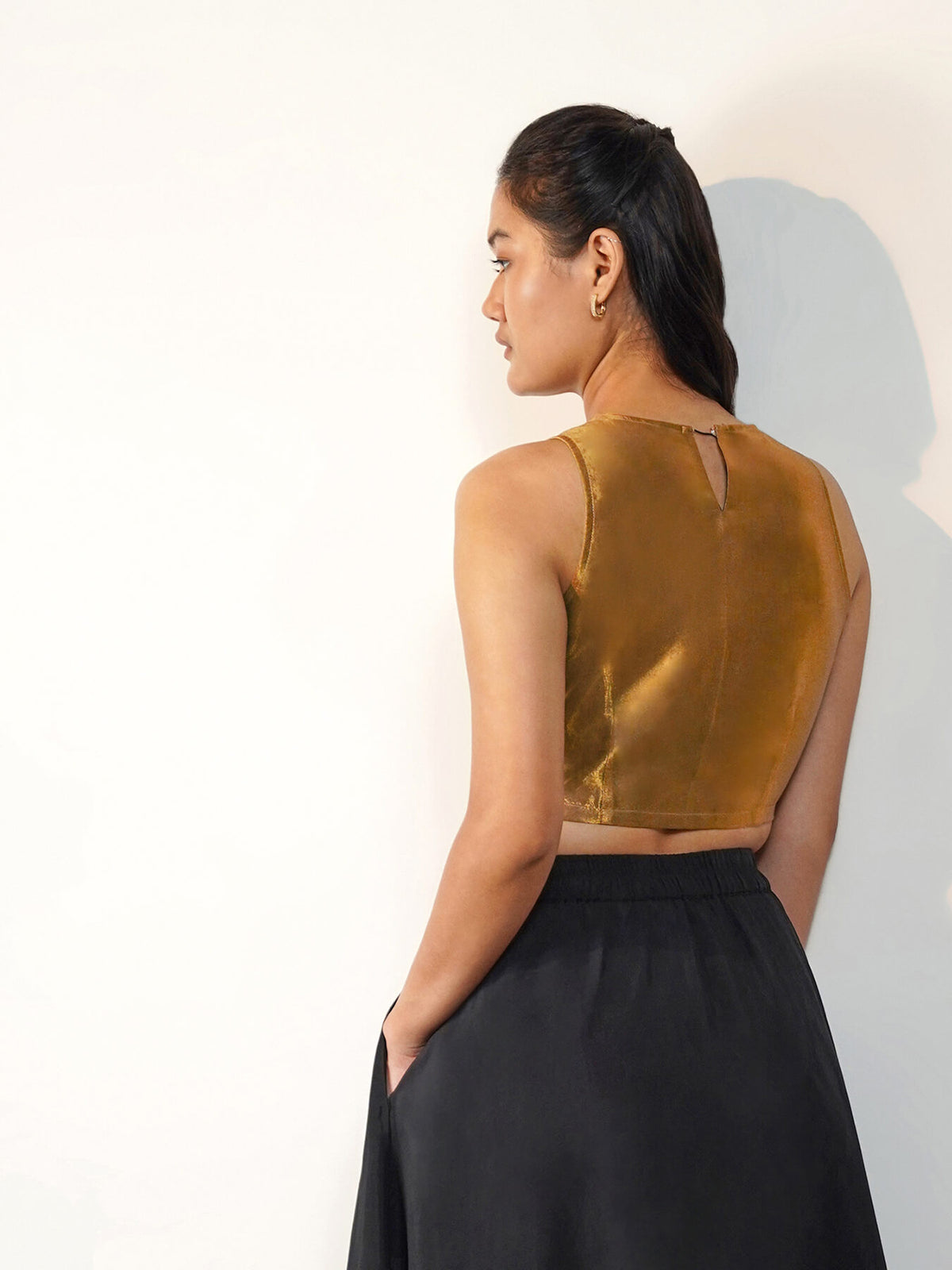 Viscose Silk Solid Round Neck Blouse - Gold