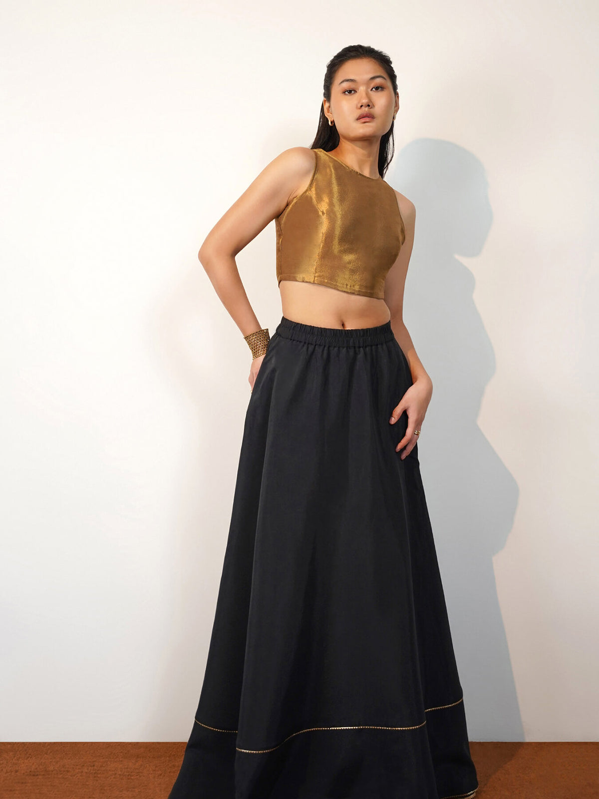 Viscose Silk Solid Round Neck Blouse - Gold