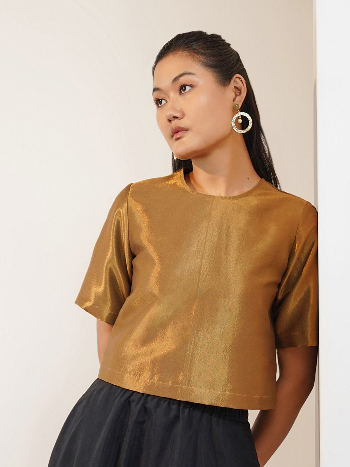 Viscose Silk Solid Boxy Fit Blouse - Gold